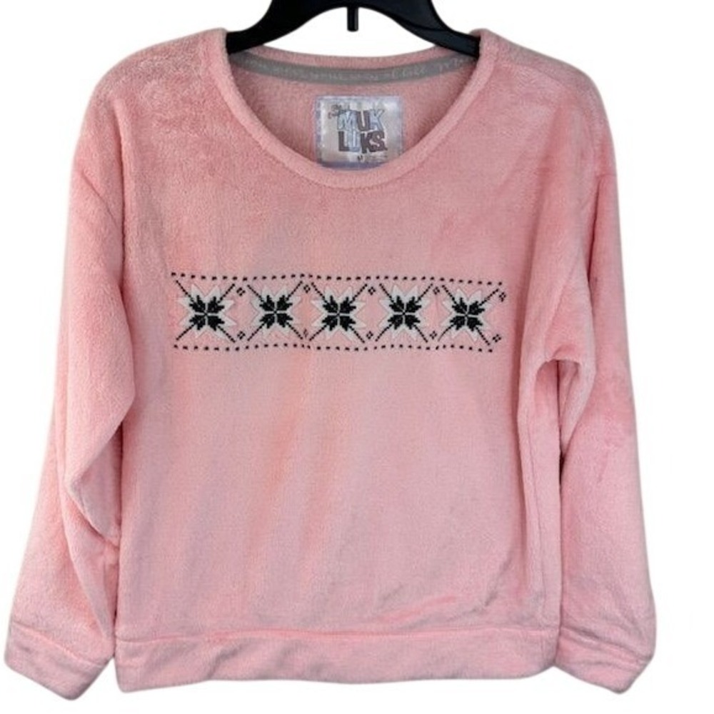 NWT MUK LUKS Women's Soft Winter Snowflake Pink Fleece Crewneck Sweater MD